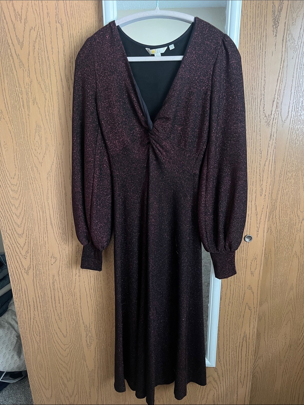 Twist-Front Long Sleeve Sparkle Dress in Deep Burgundy